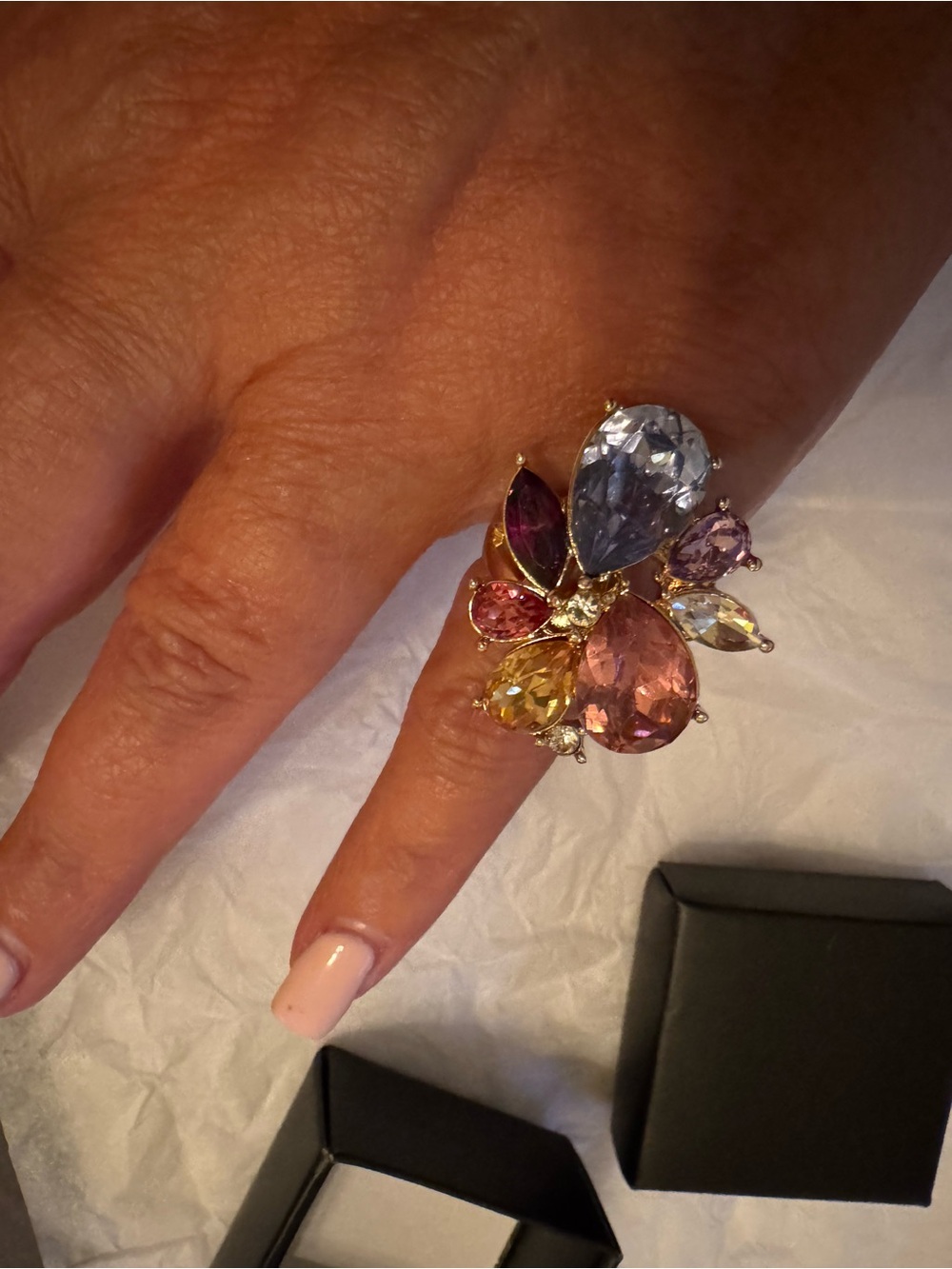Avon Gold-Tone Multi-Gem Flower Cocktail Ring with Pink, Blue and Purple Stones